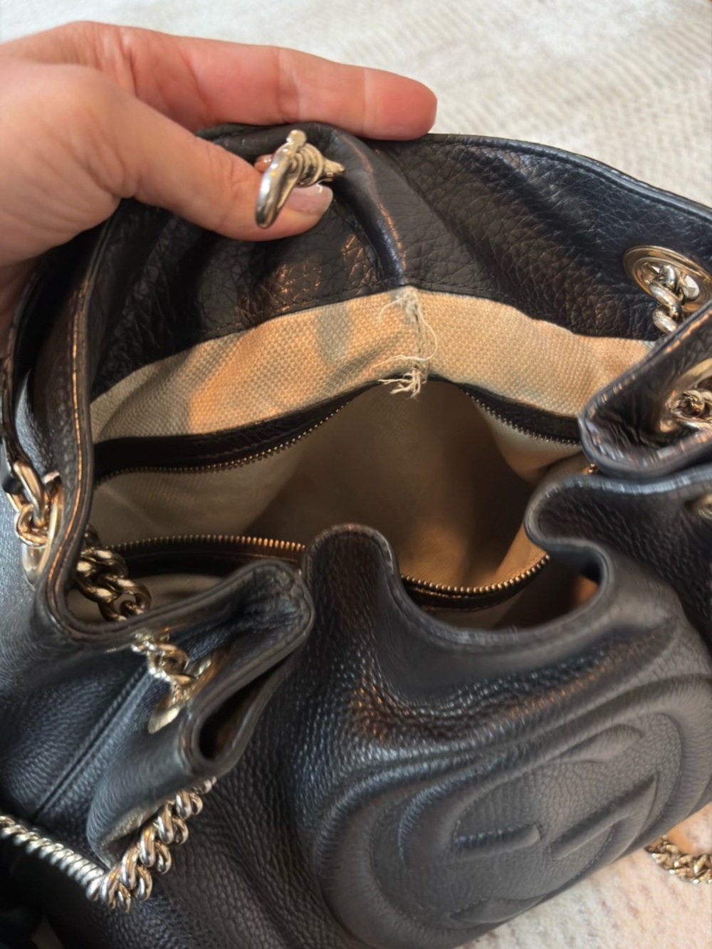 Gucci Black Pebbled Leather Chain-Handle Satchel with Tassel - Picture 7 of 10